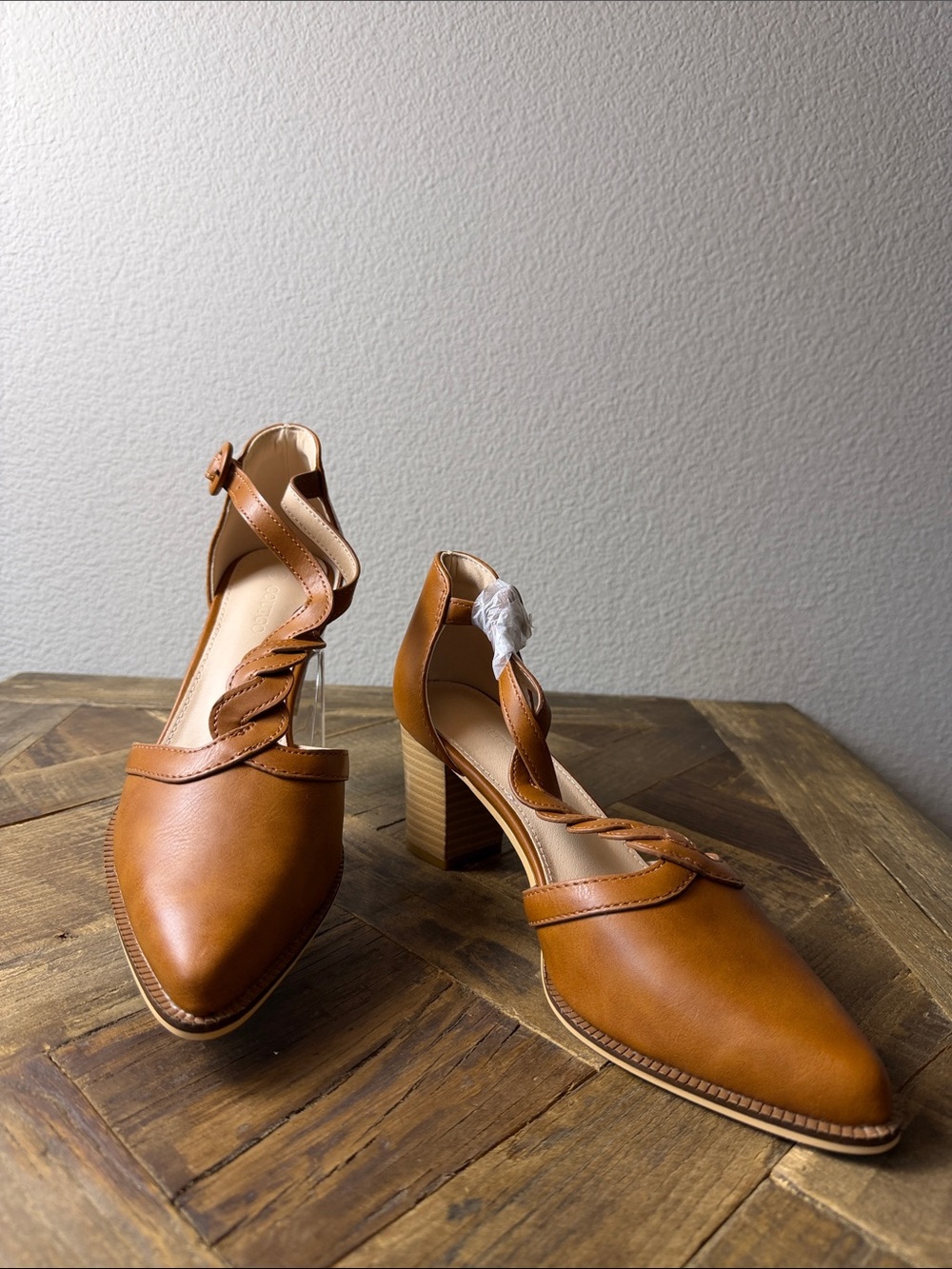 Size 8.5 Coutgo Women Tan Leather Mid Block Heel Pumps with Braided Ankle Strap